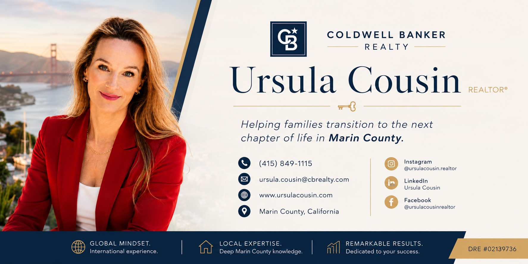 Ursula Cousin, Marin County Realtor® with Coldwell Banker Realty, featured in a professional real estate branding banner. Former international relocation specialist providing expert guidance for buyers, sellers, and families relocating to Marin County, including Larkspur, Greenbrae, Mill Valley, Tiburon, Kentfield, Ross, San Rafael, and Novato, California.