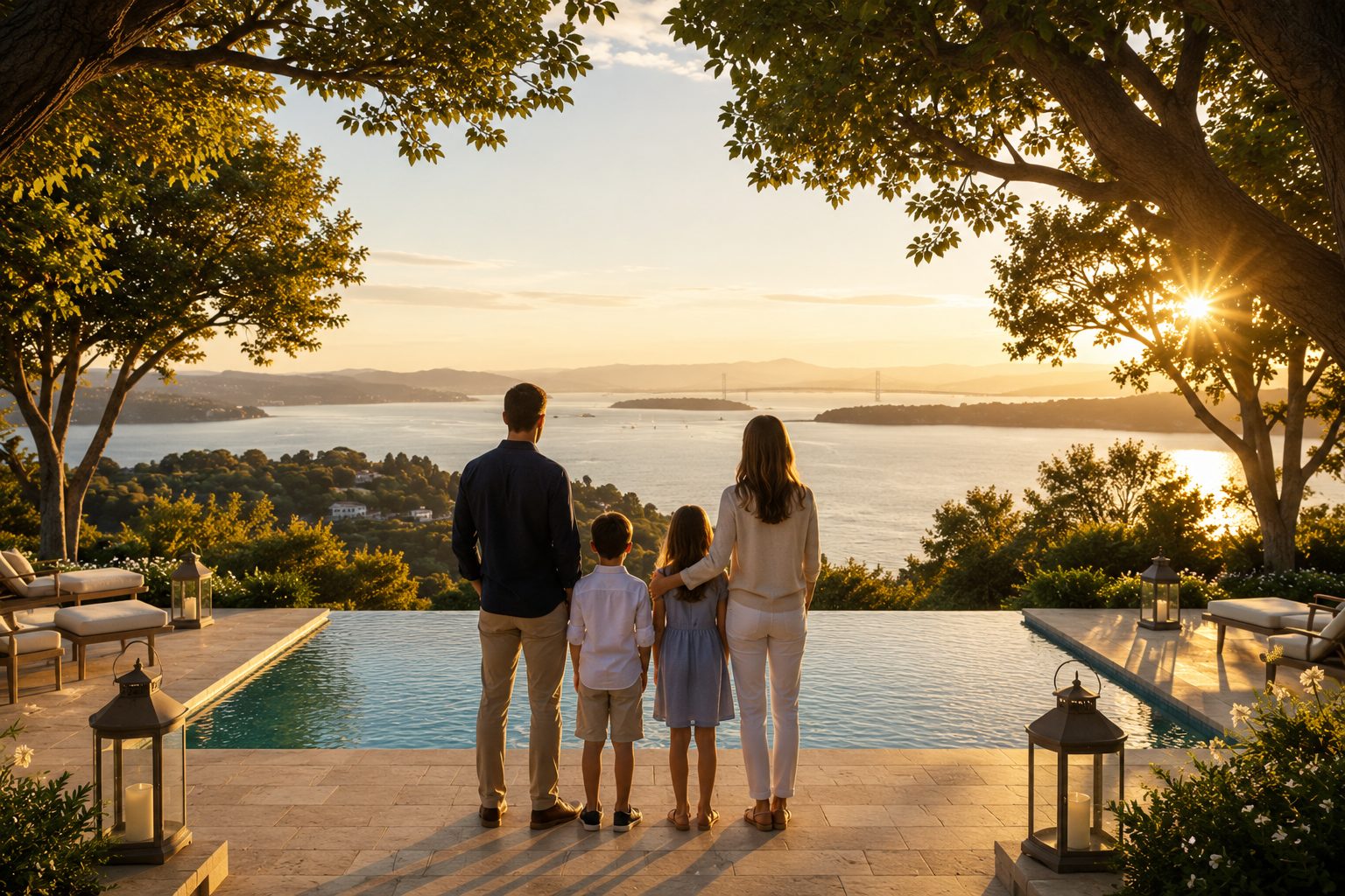 Relocating to Marin County California: family enjoying panoramic San Francisco Bay views from a luxury home, highlighting the Marin County lifestyle, excellent schools, outdoor recreation, waterfront communities, luxury real estate, and quality of life near San Francisco.