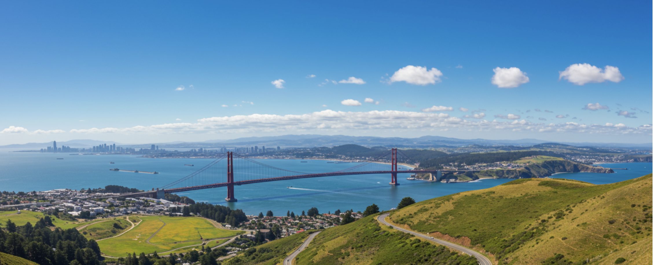 "Golden rolling hills, scenic hiking trails, and forested mountains in Marin County, California, showcasing the natural beauty and outdoor lifestyle."